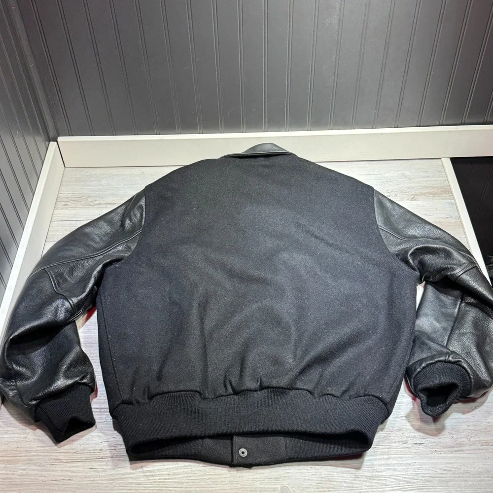 Dehen 1920 Varsity Jacket Black Red Pony Size Large Leather Sleeves Wool - Picture 3 of 9